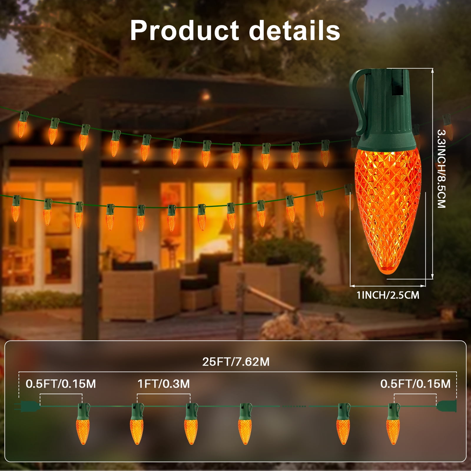 LAMPHOME Orange C9 Christmas String Light Outdoor, 25FT Shatterproof LED for House Rooflines & Pathways, Connectable Waterproof Vintage Christmas Light for Tree, Yard, Patio, Porch, Garden