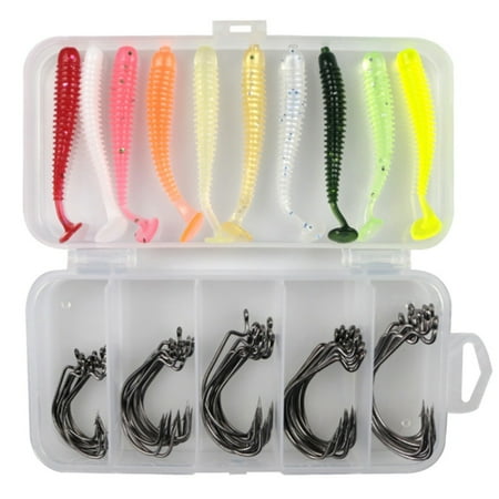 SPRING PARK 10PCS Soft Plastic Lure Bass Grubs T-Tailed Fishing Worm Bait Artificial Tackle with 50PCS Fish Hooks Fishing Tackle with Box