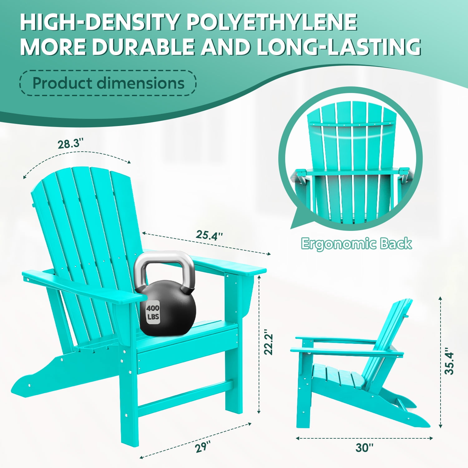 Hidpriva Set of 2 Adirondack Chairs, HDPE Weather Resistant Outdoor Chair w/ 400LBS Capacity for Patio, Garden and Fire Pit,Aqua