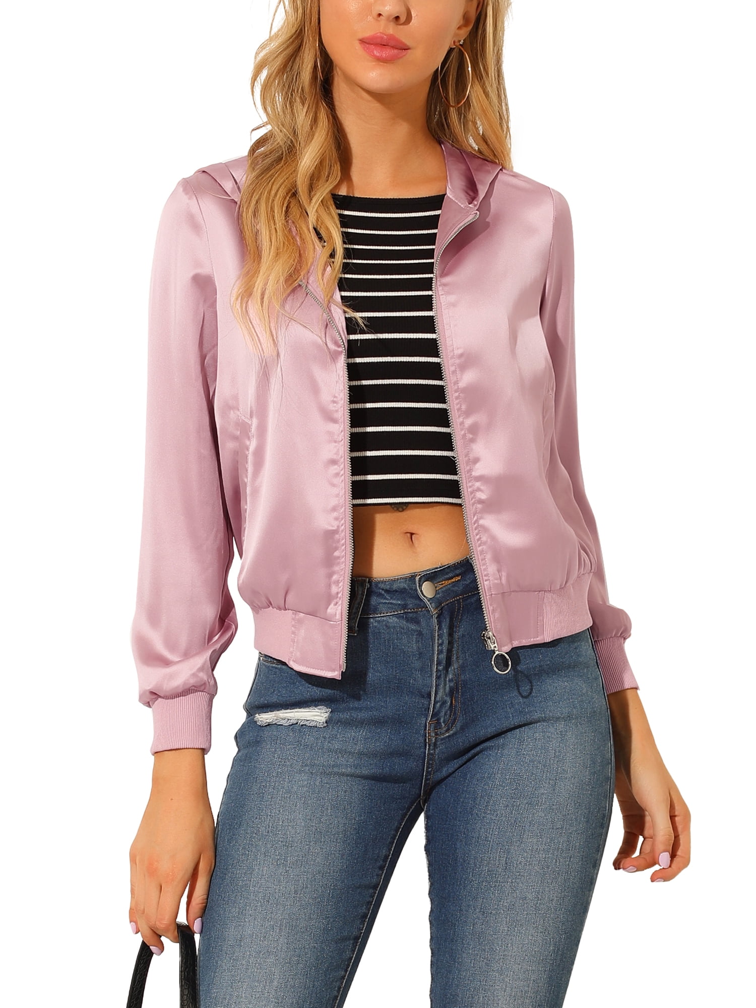 MODA NOVA Juniors Sparkle Holographic Shimmering Metallic Zipper Hood Shiny Bomber Jacket