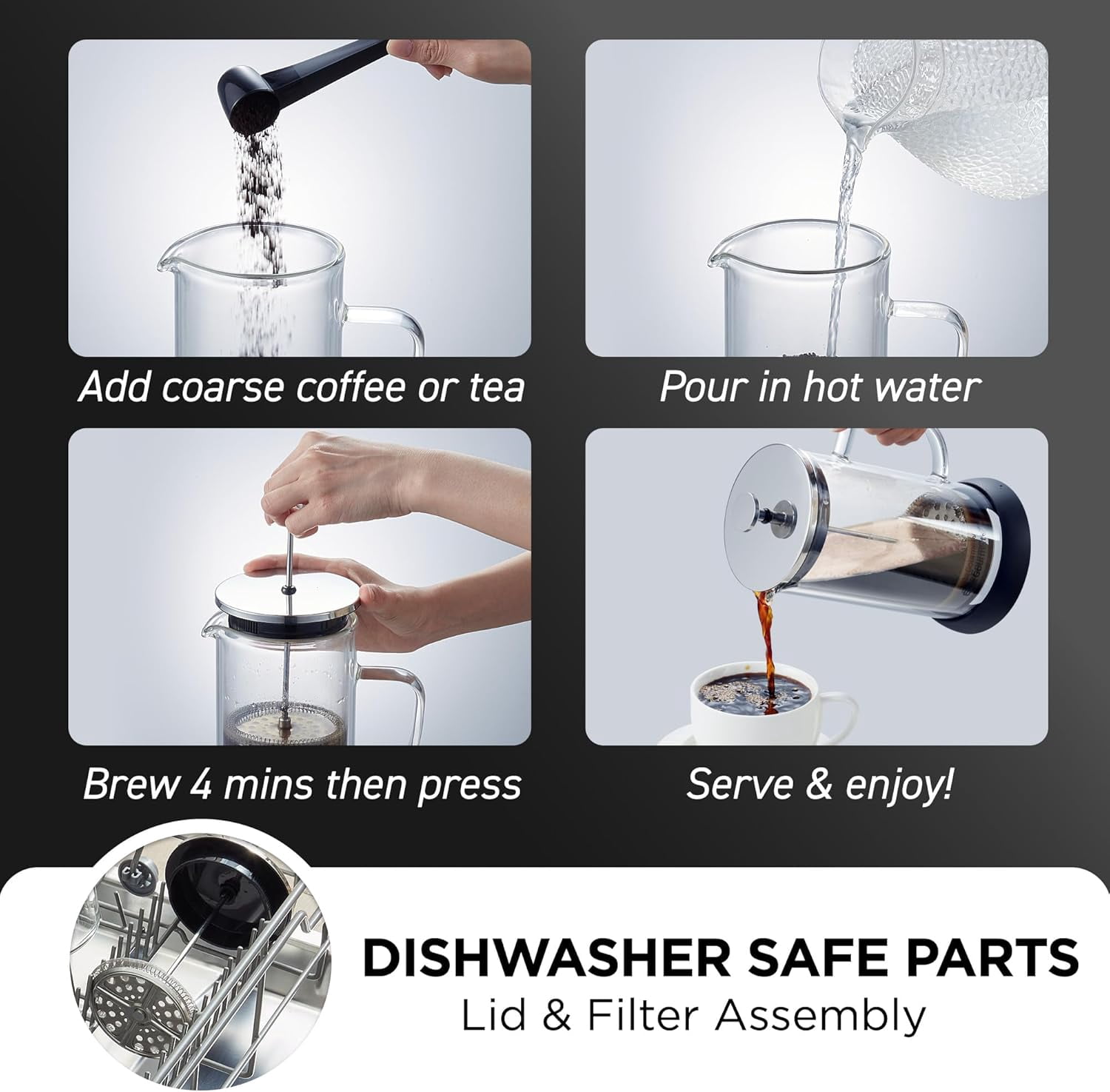 Elite Gourmet FP1223 1 Liter French Press Coffee Maker, Double Wall Insulated Borosilicate Glass Carafe, Dishwasher Safe Stainless Steel Filter/Plunger Assembly, Removable Silicone Base, Easy to Clea