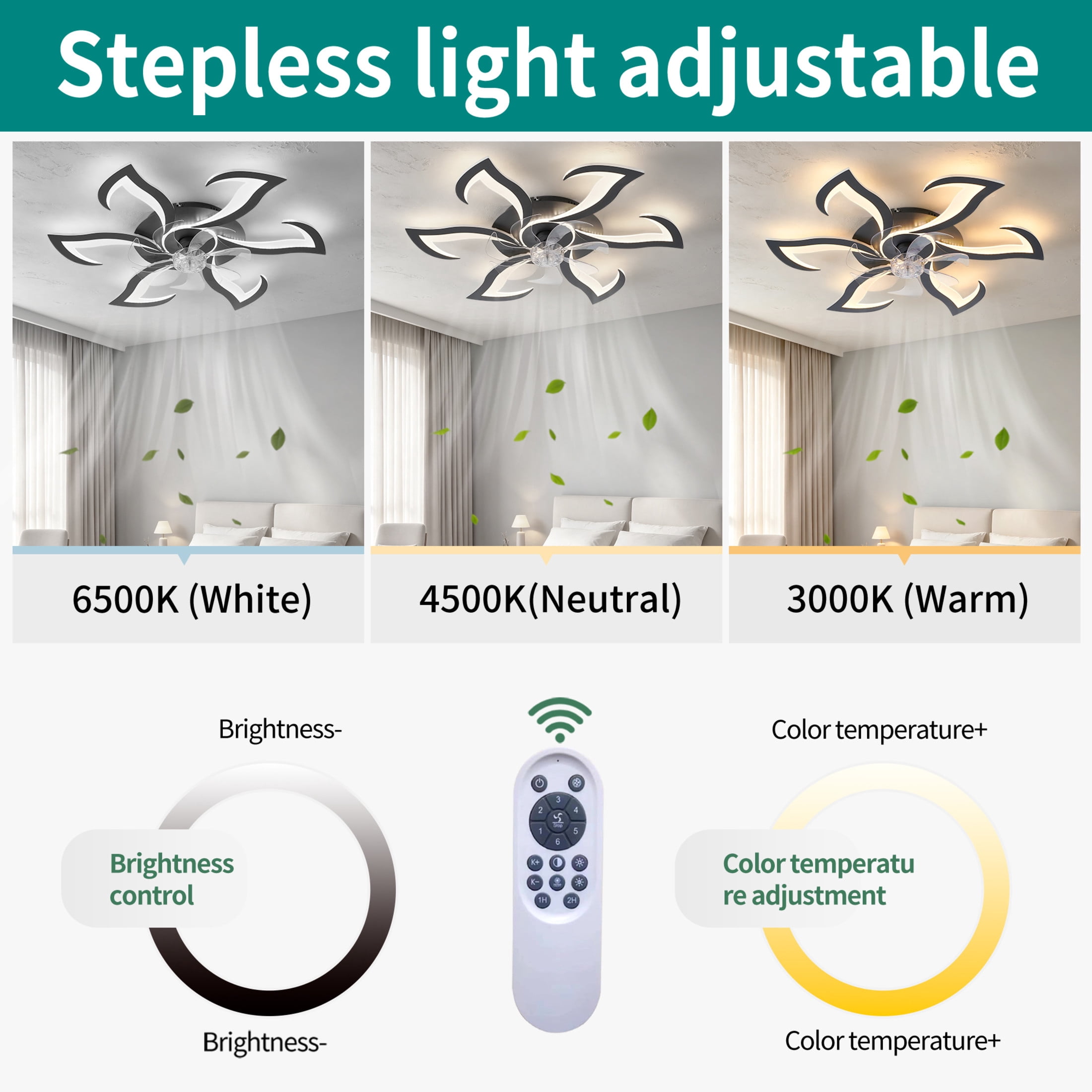 GDF Studio 6-Head Flower Modern Ceiling Fan with LED Lights & Remote Control, Low Profile Flush Mount Fandelier, Black