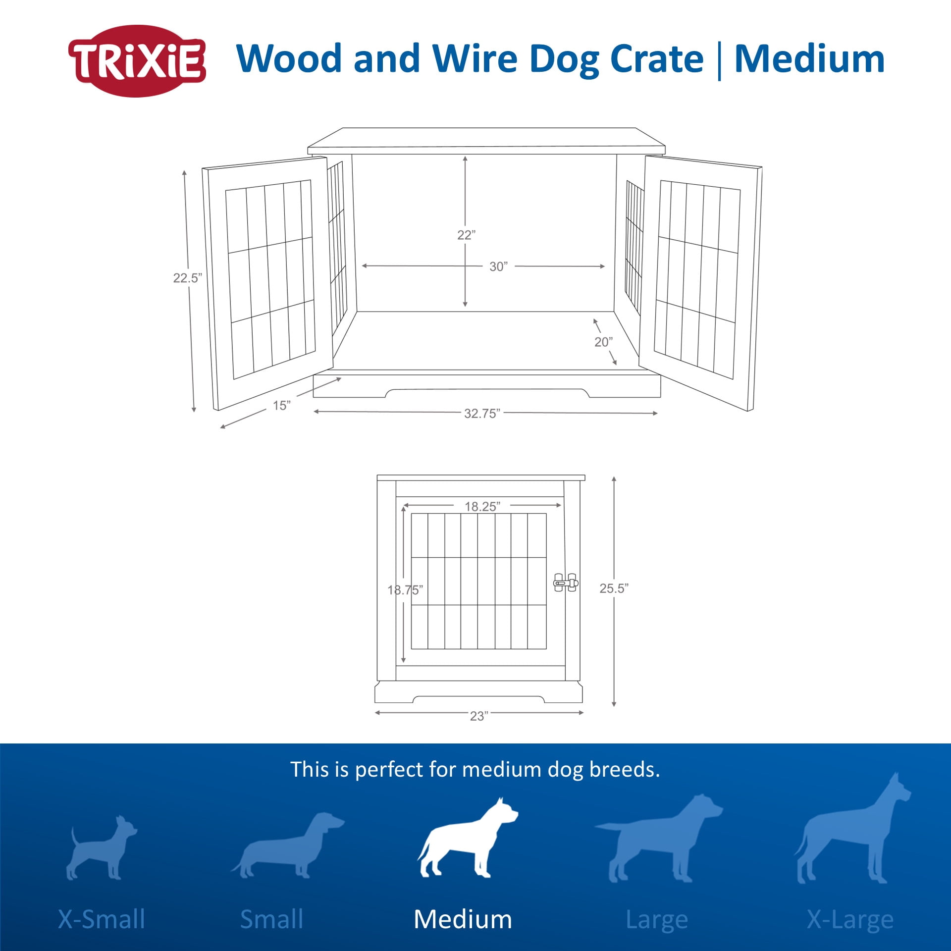 TRIXIE 32.7" Dog Crate, Wooden Indoor Kennel Furniture for Medium Dogs Up to 50 lb, Gray