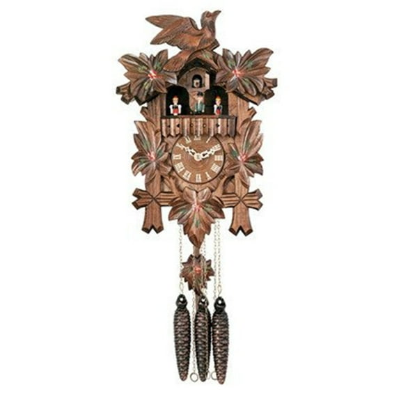 One Day Musical Cuckoo Clock with Dancers, Five Hand-carved Maple Leaves,  One Bird, and Hand-Painted Flowers