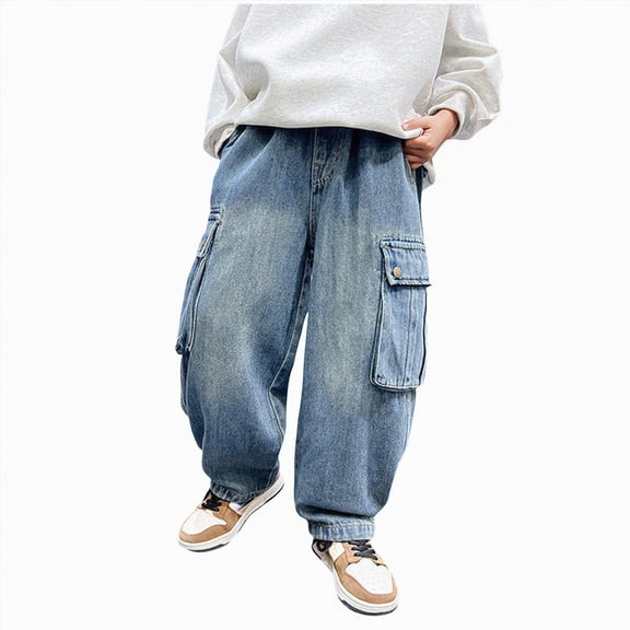 JUMEYU Boys' Jeans Baggy Boys Cargo Baggy Pants Elastic Waist Wide Leg Jeans Casual Pants 5T 6T (Blue,5-6 Years)