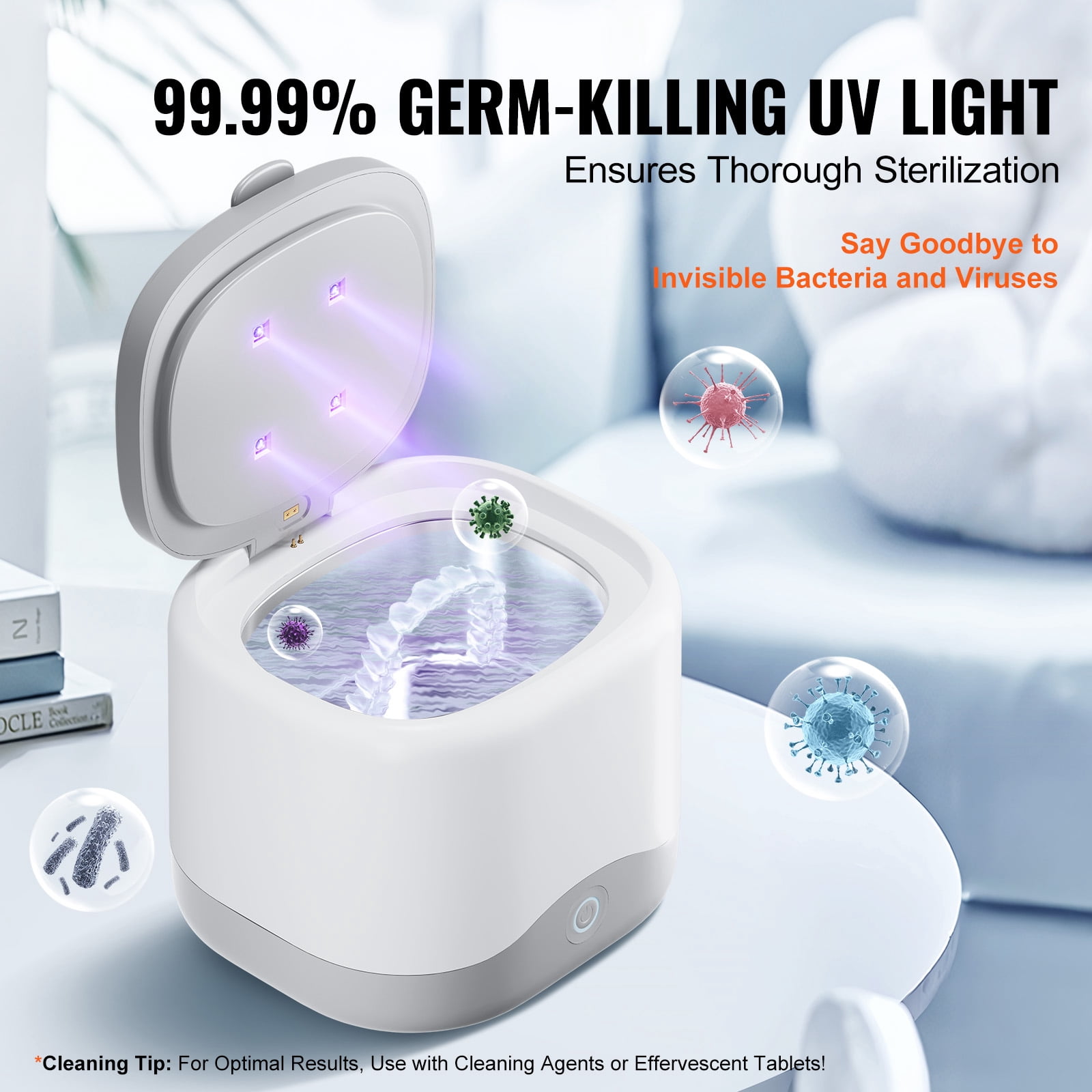KFFKFF Sonic Wash Device, 200ML Capacity for Dental Care, UV Sanitization, 30W Power for Cleaning Dentures, Aligners, Braces, Mouthpieces, Toothbrush and Shaver Attachments, Jewelry