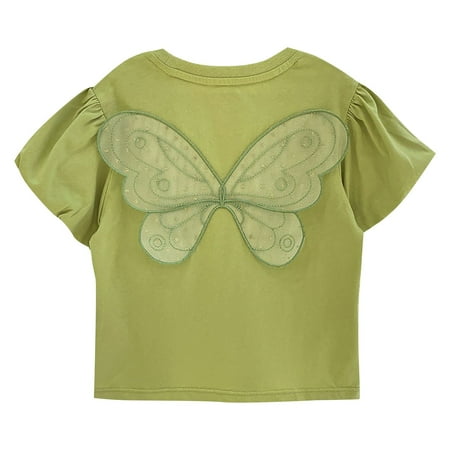 

Tops For Girls Girls Summer Short Sleeve Butterfly Decorative T Shirt Bubble Sleeves Solid Color Casual Going Out For 4-5 Years