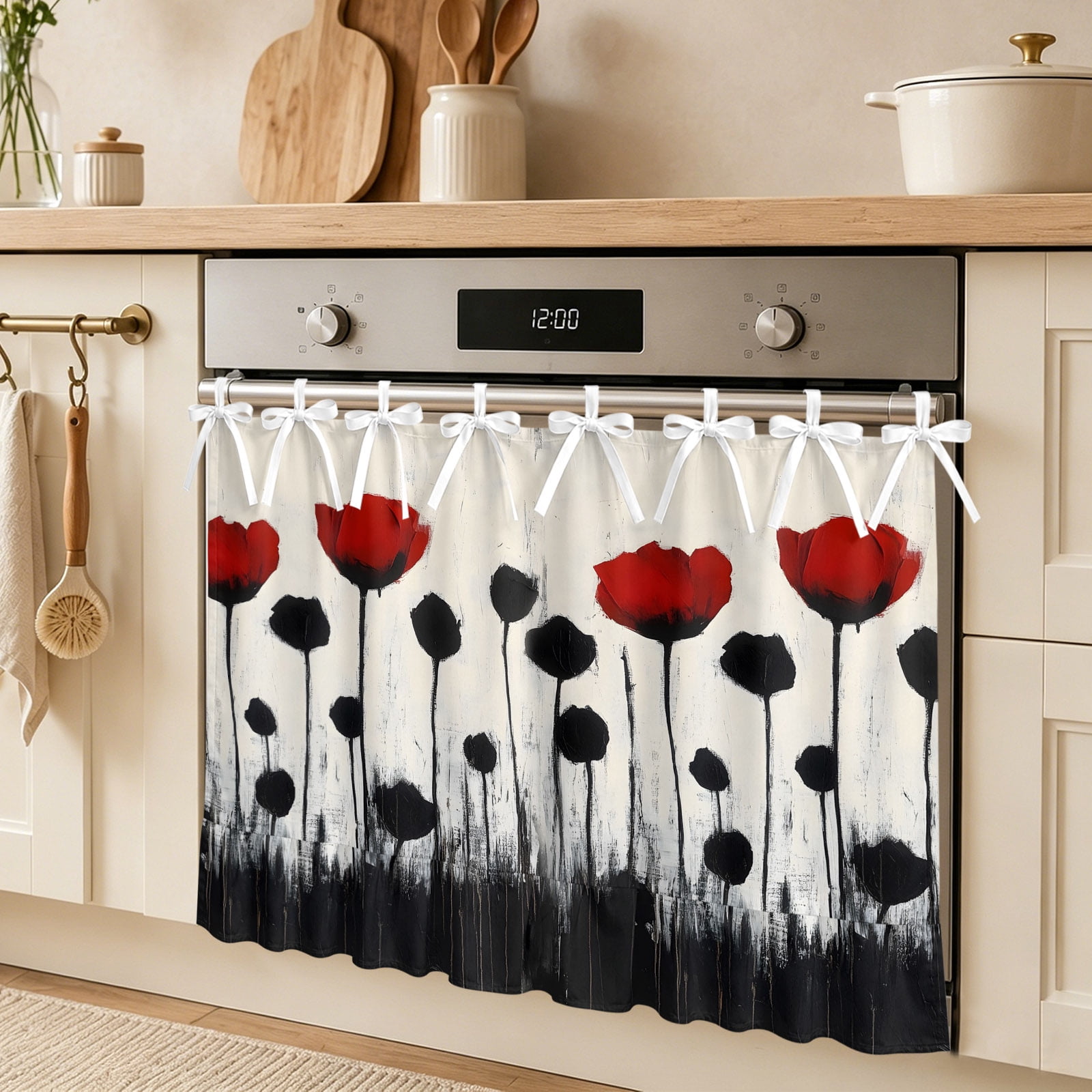 Red Floral Oven Skirt Curtain Oil Painting Red Black Flower Vintage Linen Texture Tie Top Tier Curtains Stove Dishwasher Skirt Small Window Drapes for Kitchen Bathroom Cafe 30 x21.5