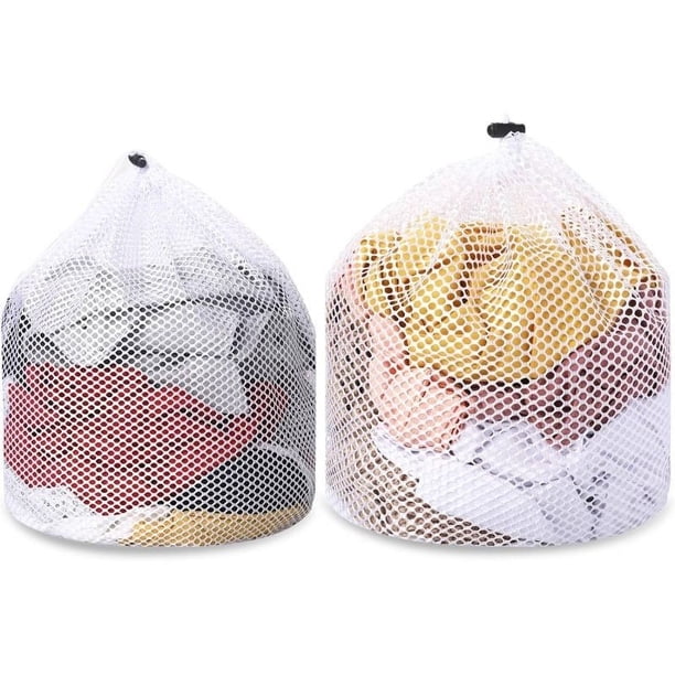 2 bolsas de malla para lavandería para calcetines, lavables a máquina, diseño de cordón, bolsas de viaje de malla para lavado de ropa, bolsas de ropa con cordón blanco, 12 x 16 pulgadas, 16