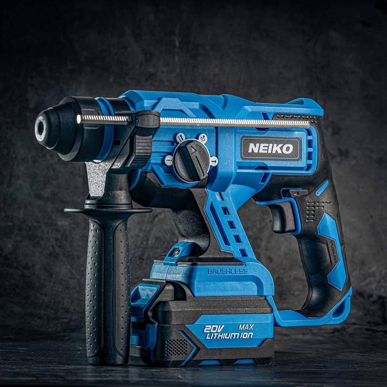 NEIKO 10882A Cordless Rotary Hammer Drill, Includes 20-Volt Li-ion Rechargeable Battery, Fast Charger, SDS Plus Hammer Drill, Heavy Duty Brushless Demolition Hammer, Cordless Hammer Drill, Rotohammer
