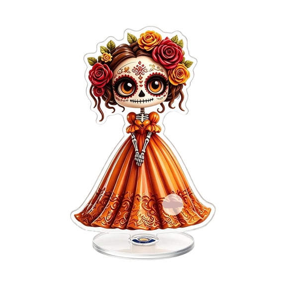 360° Rotating Day of the Dead Acrylic Ornament, Mexican Dia de los Muertos Catrina Skull Decor, Spinning Tabletop Centerpiece for Home Office Shelf, Halloween & Festival Gift with Non-Slip Base