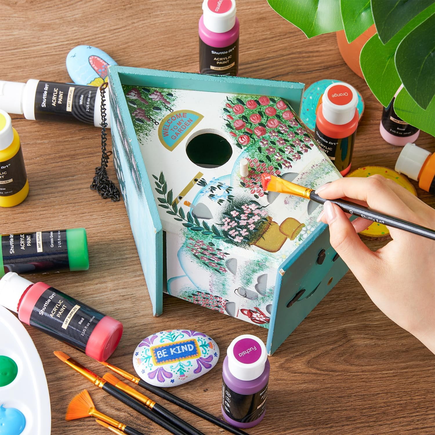 Shuttle Art Acrylic Paint, 42 Colors Acrylic Paint Set with 12 Paint Brushes, 2oz/60ml Bottles, Rich Pigmented, Water Proof, Premium Paints for Artists, Beginners
