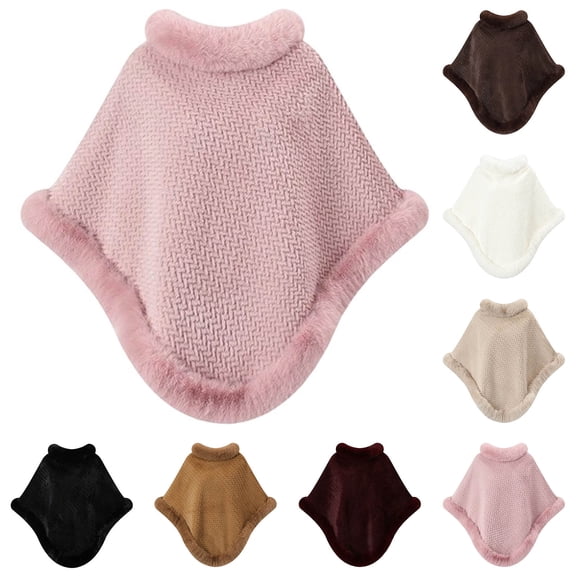 Fewfanhot Faux Fur Trim Herringbone Knit Poncho Cape, Pullover Warm Wrap Shrug Coat for Women Fall Winter