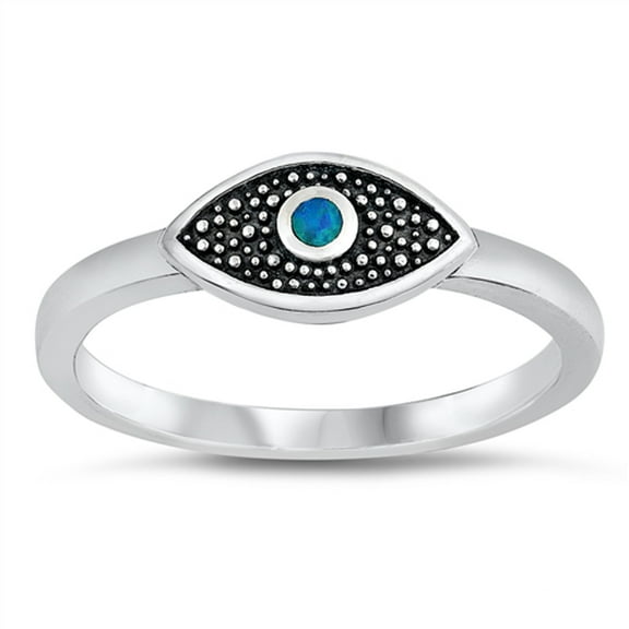 Blue Simulated Opal Oxidized All Seeing Eye Ring .925 Sterling Silver Band CZ Female Size 7