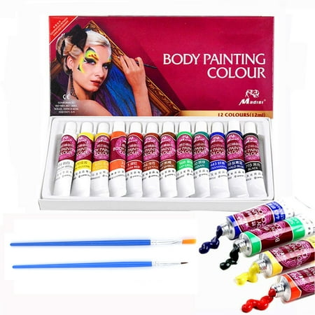 Face & Body Paint Kit - 12 Colors Professional Face Painting Kits Contains with Rich Pigment and 2 Brushes - Suitable for Face and Body (Best Uv Body Paint)