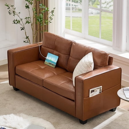 AODAILIHB 65" W Faux Leather Loveseat Sofa, Modern Tufted Comfy Office Small Couch w/USB Charging Ports and Wide Arms, Brown