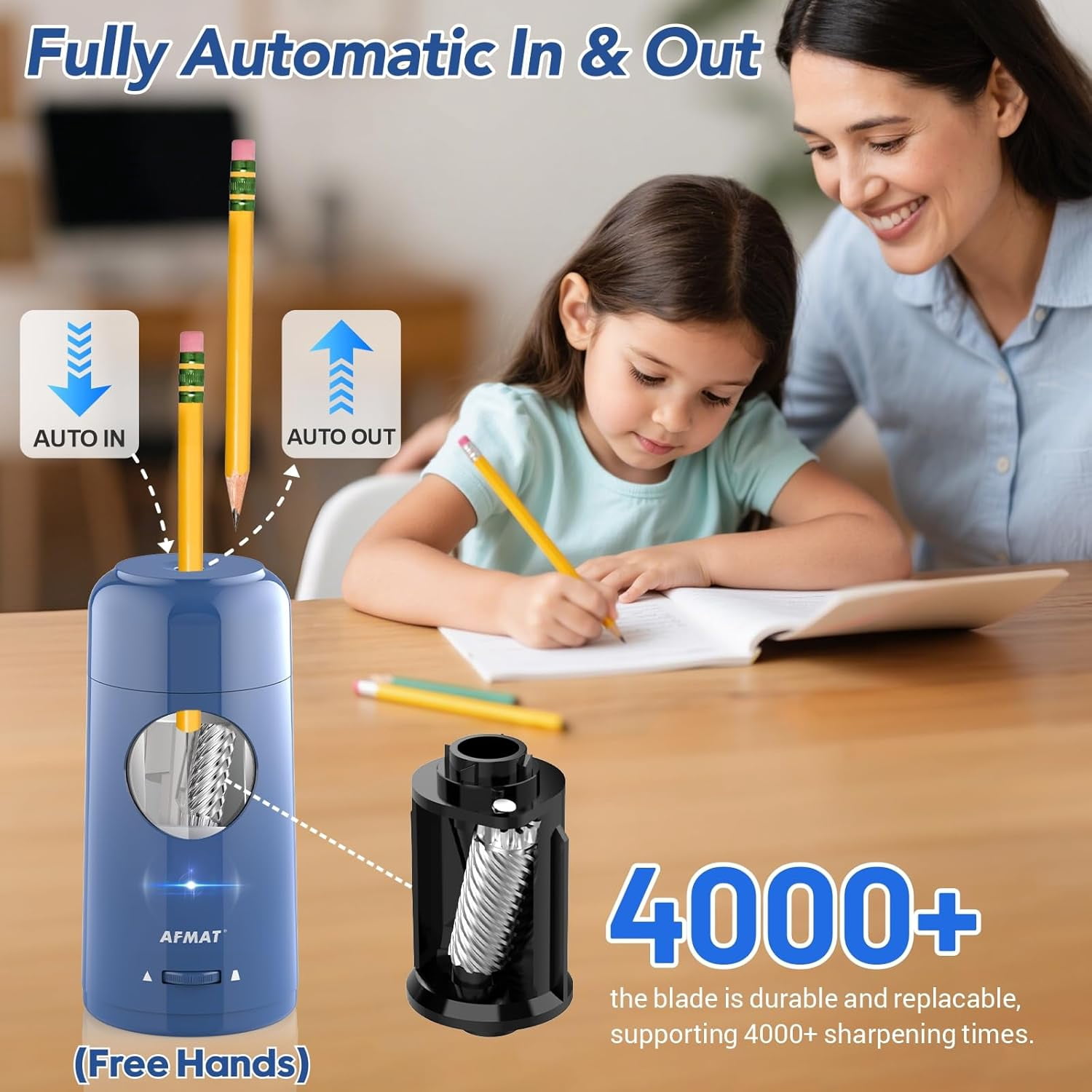 AFMAT Electric Pencil Sharpener, Rechargeable Fully Automatic Pencil Sharpener for Jumbo & Colored Pencils (7-11.5mm), Auto in/Out, Hands-Free, Portable for Home/Classroom/Office,Blue
