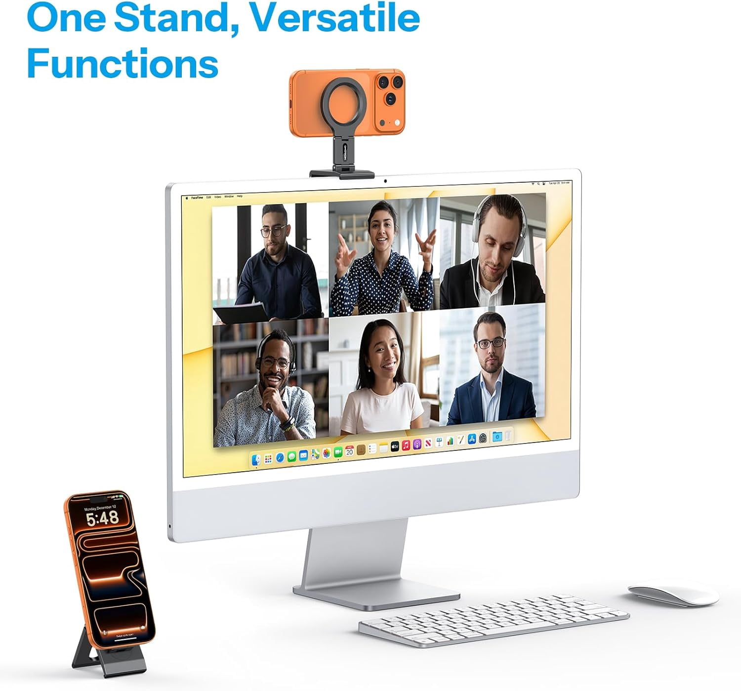 NEOYFC for  VC07 360°Rotating Continuity Camera Mount for iMac Desktop Monitor Mount with 1/4" Screw, Adjustable Magnetic Phone Stand for MagSafe foriPhone 17/16 Pro Max Air, Mac, Gym, TV, 4K, Laptop