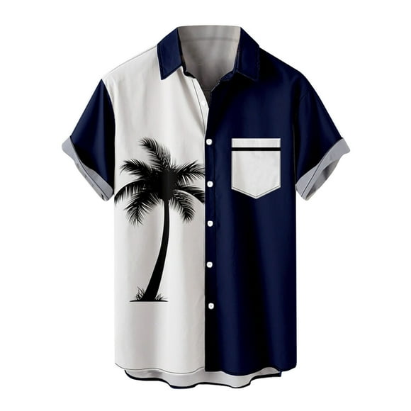 JURANMO Men's Short Sleeve Shirts Casual Button Down Hawaiian Shirts 2024 Trendy Summer Color Block Shirts Beach Vacation Print Shirts with Pocket Today's Deals White L