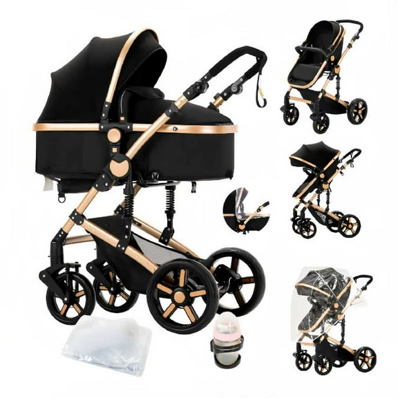 2 in 1 Portable Baby Stroller Convertible Baby Pushchair with Storage Bag for Newborns and Toddlers,Foldable,Unisex(Black Gold)