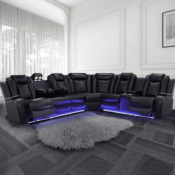 TrumanPick Power Electric Recliner Leather Sofa Chair Set with LED Lights Couches for Living Room Furniture with USB Port, Cup Holders, Black