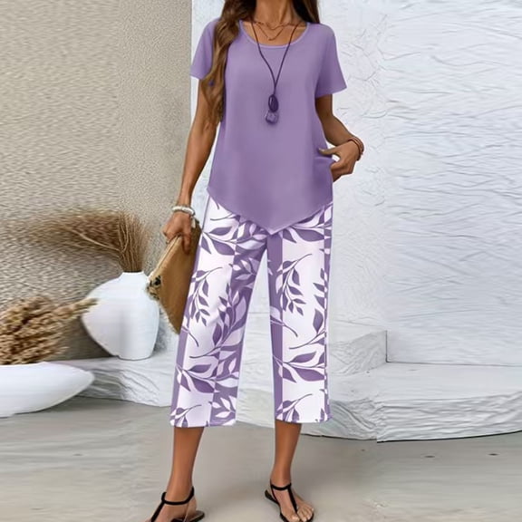 Women's 2-Piece Outfits Sets Summer Short Sleeve Asymmetric Hem Top Wide-Leg Capri Pants Lounge Set Travel Airport Vacation Outfits