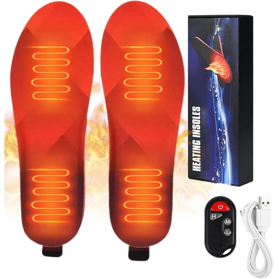 Unisex rechargeable heated insoles, heating insoles, three adjustable temperature levels, full foot heating, trimmable design, durable, suitable for indoor and outdoor use.