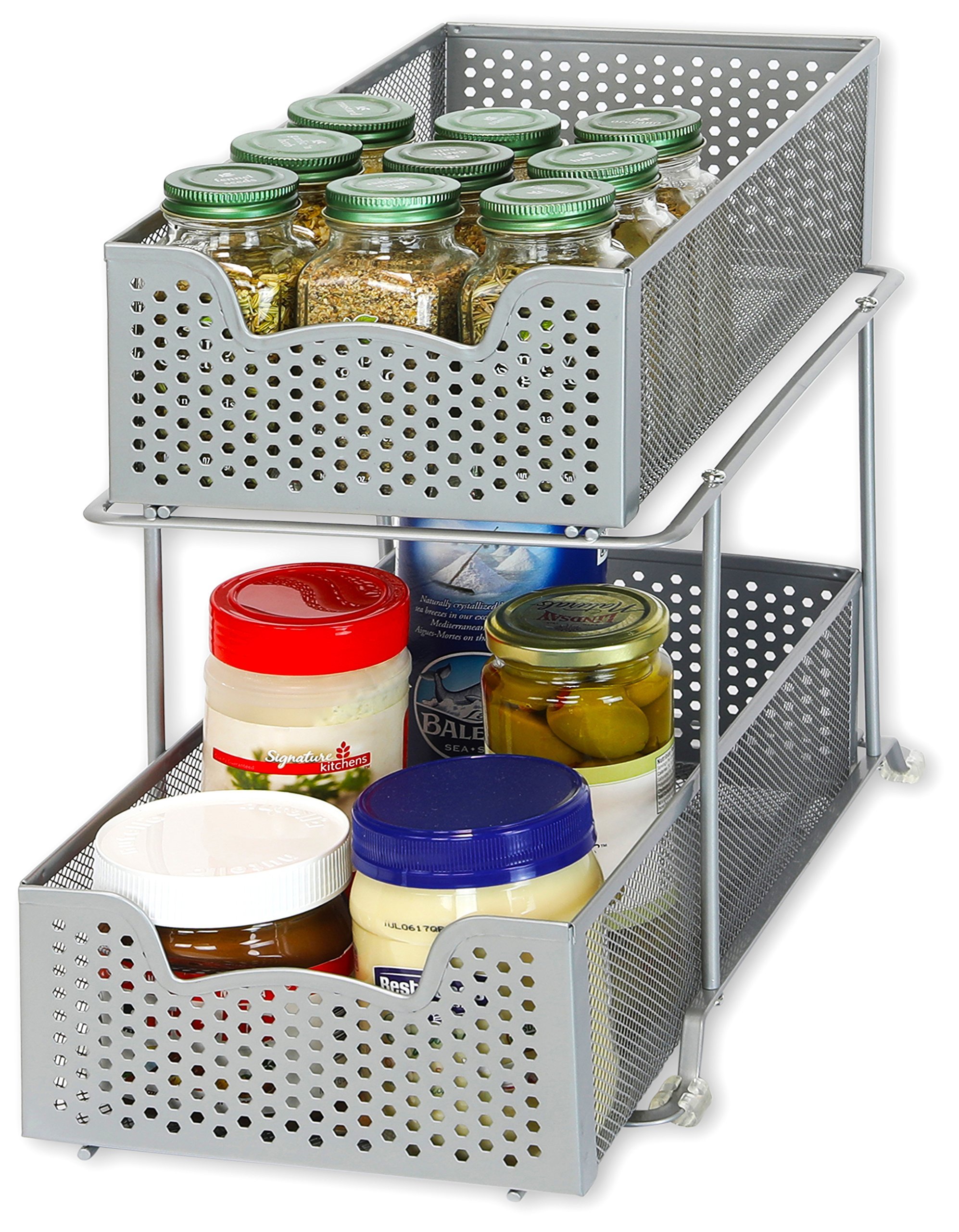 SimpleHouseware 2 Tier Sliding Basket Organizer Drawer, Silver