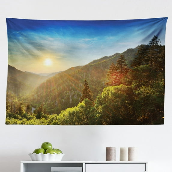 Appalachian Tapestry, Panoramic Landscape Photo of Mountain Ridges Virginia, Fabric Wall Hanging Decor for Bedroom Living Room Dorm, 2 Sizes, Hunter Green Grey Teal, by Ambesonne