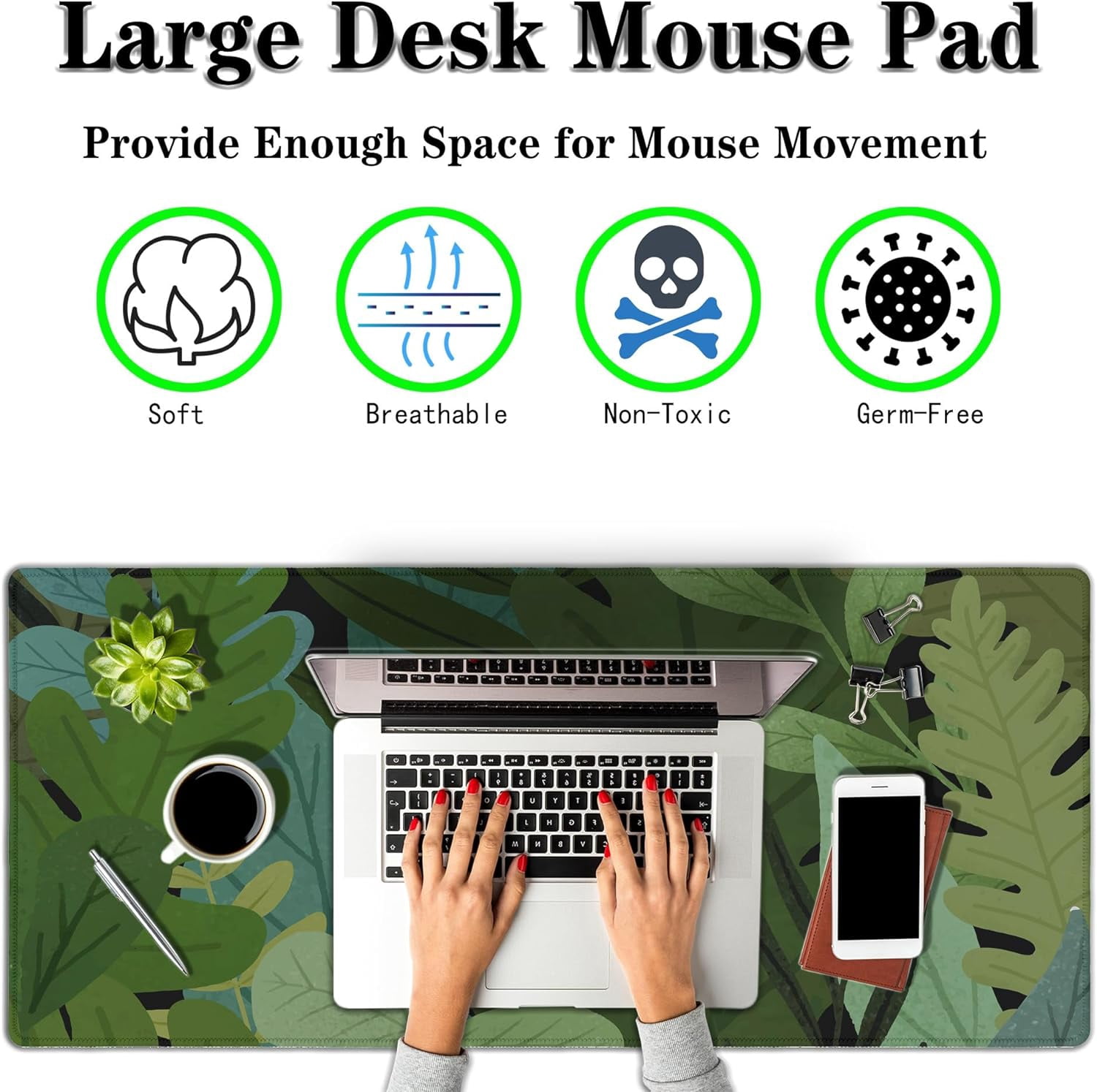 Full Desk Mat Green Gaming Mousepad XXL, Large Desk Pad for Keyboard and Mouse, Neutral Mouse Pad Waterproof Non-Slip Rubber Base, 35.4" X 15.7" for Work/Game/Office/Home Monstera Leaves Anime
