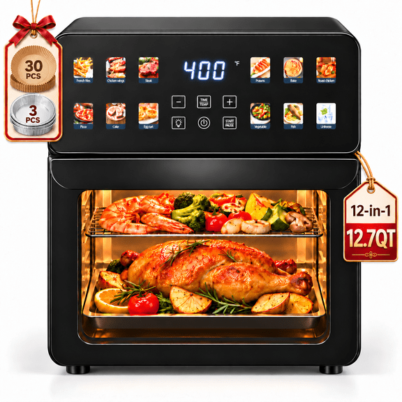 RUIE 12.7QT Air Fryer Toaster Oven,1700W 12-in-1 Multifunction Air Fryer with Digital LED Touchscreen,Visible Window,30Pcs Liner,Dehydrate, Bagel, Seafood for Home,Black