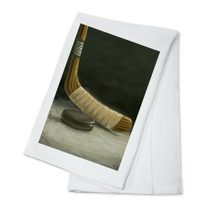 - Hockey Stick & Puck - Oil Painting - Lantern Press Artwork (100% Cotton Kitchen Towel)