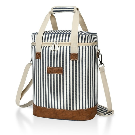 Tirrinia 6 Bottle Wine cooler bag - Insulated Padded Portable Versatile Wine Carrier Tote Bag for Travel, BYOB Restaurant, Wine Tasting, Party, Christmas Gift for Wine Lover, Blue Stripe