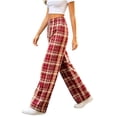 thumbnail image 5 of Women's Plaid Straight Leg High Waist Casual Pants, Polyester Pocket Loose Long Trousers, Fashion Summer Bottoms for Daily Shopping Home | TruHer,Red Free Size, 5 of 7