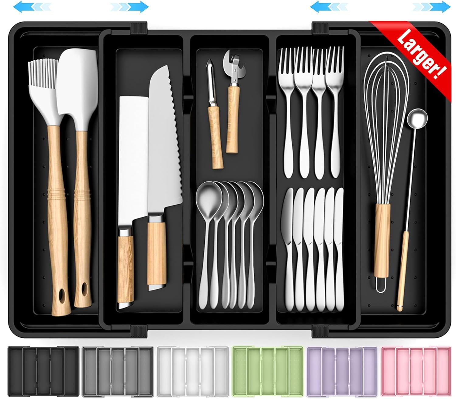 PYAN-Large Silverware Organizer, Expandable Utensil Drawer Organizer for Kitchen Drawers, Kitchen Drawer Organizer for Spoons/Forks/Knives, Multipurpose & BPA Free Cutlery Tray, Black, 1 Pack
