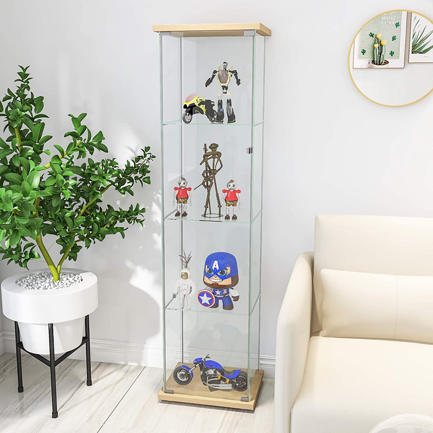 4 Shelves Curio Cabinet Glass Display Case Display Shelves Showcase for Collectibles Cabinet Display Cabinet with Door, 14.5" D x 17" W x 64" H (Natural) - image 5 of 8