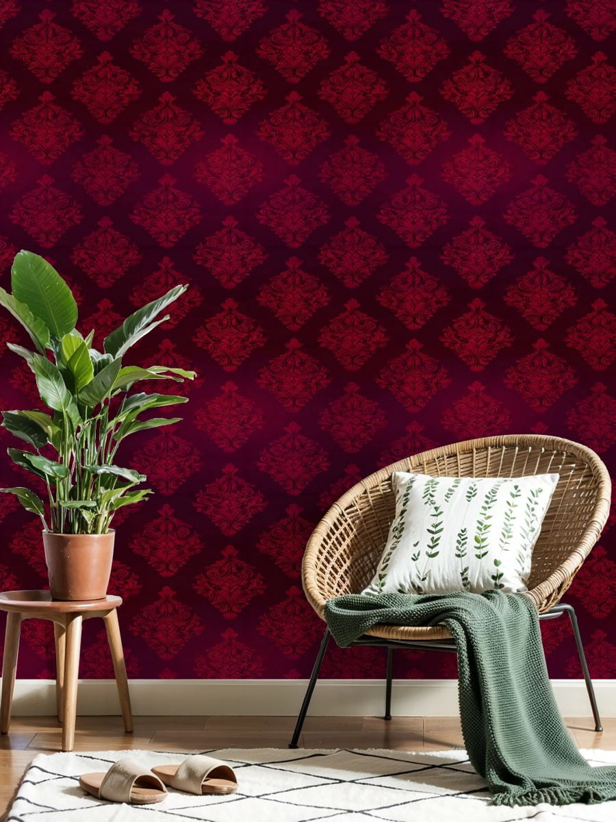 Peel and Stick Wallpaper Damask Ornamental Deep Red Burgundy Elegant Baroque Wall Mural 17.7in x 9.8ft Self Adhesive Removable Wall Paper Renter Friendly Wallpaper for Nursery Bedroom Cabinets