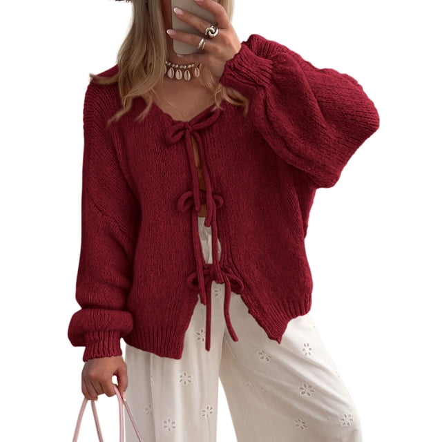 Suéter PRETTYGARDEN con Lazo Frontal, Tejido Grueso, Color Vino, Talla L