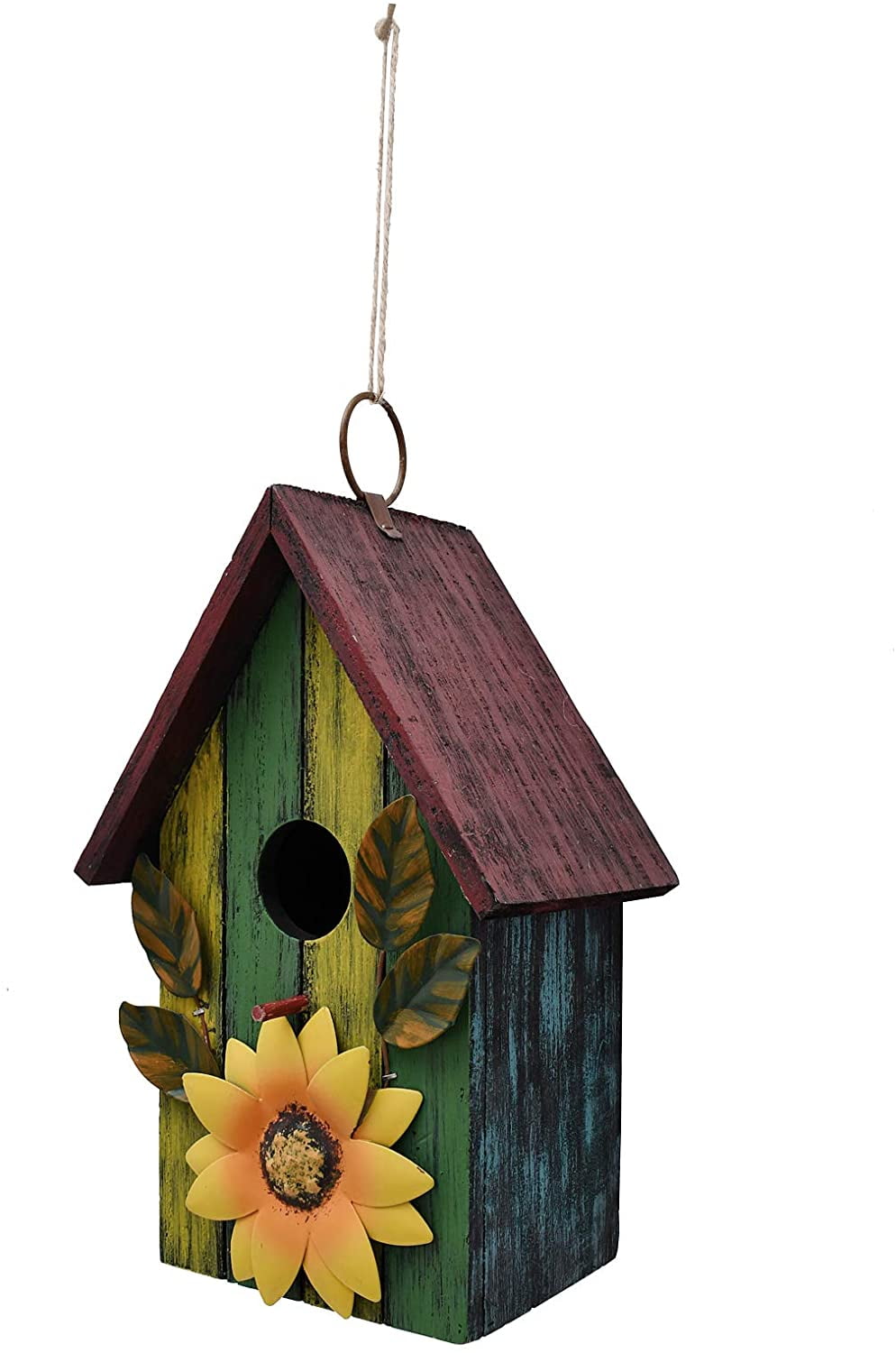 With A Metal Sunflower Opening & Metal Roof Design. Birdhouse Unfinished Wood 