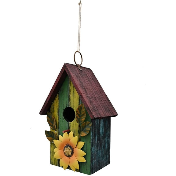 Attraction Design Rustic Decorative Bird House for Outside, Outdoor Hanging Wood Hand-Painted Bird House with Sunflower Decor, Wooden Hanging Garden Birdhouse Porch Yard Decor 9.37" x 6.38" x 4.25" (Red)