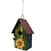 Attraction Design Rustic Decorative Bird House for Outside, Outdoor Hanging Wood Hand-Painted Bird House with Sunflower Decor, Wooden Hanging Garden Birdhouse Porch Yard Decor 9.37" x 6.38" x 4.25" (Red)