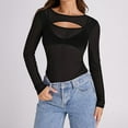 thumbnail image 2 of Lace Mesh Sheer Long Sleeve Tops for Women Crew Neck Cut Out Front Side Ruched Asymmetrical Hem Party Clubwear Fitted Tight T Shirts Blouses Black L, 2 of 5