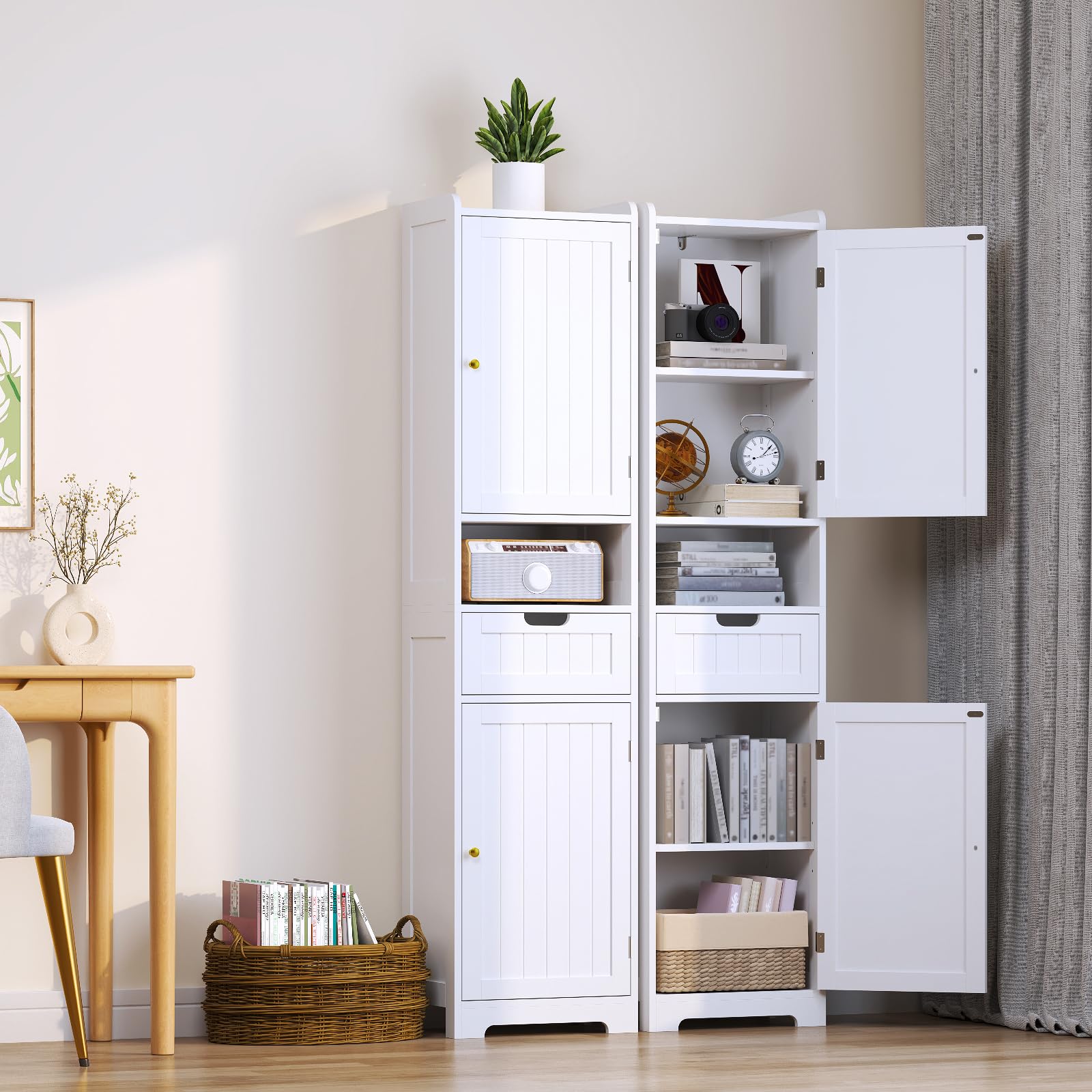 67" H Tall Bathroom Storage Cabinet, Narrow Freestanding Towel Cabinet with Waterproof Base, Adjustable Shelves, 2 Doors & 1 Drawer — for Bathroom, Kitchen, Living & Dining (White, 15.7" W)