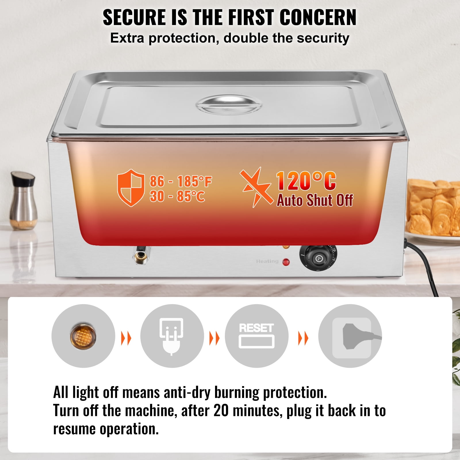 KFFKFF Professional Food Heating Station, 19QT Single Electric Steam Counter, 1200W, Stainless Steel Buffet Server with Temperature Adjustment 86-185°F for Event Catering, Silver