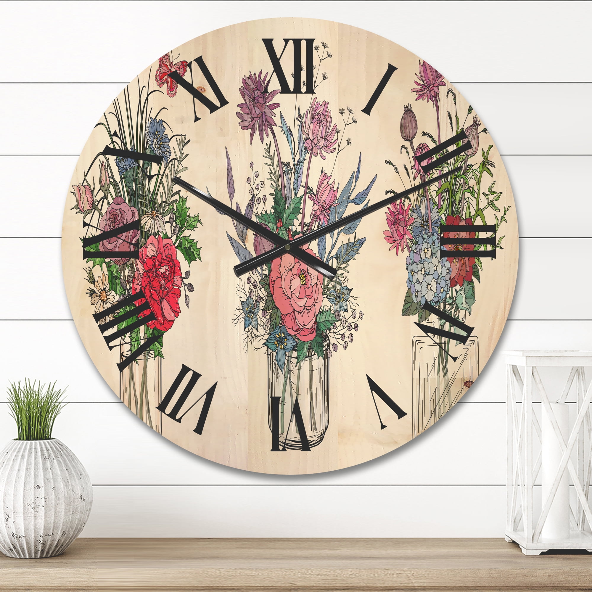 Designart 'Transparent Vases With Bouquets of Wildflowers I' Farmhouse Wood Wall Clock