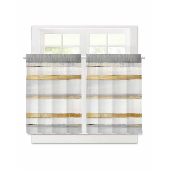 Abstract Yellow Gray White Stripes Short Blackout Curtains 36 Inch Long Simple Style Rod Pocket Kitchen Curtains, 2 Panels Thermal Insulated Room Darkening Drapes for Bedroom, 30"W x 36"L