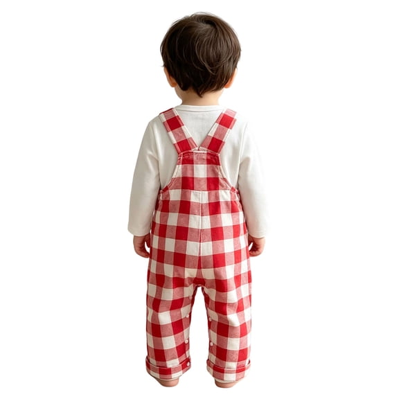 Ulanda Newborn Infant Baby Boy Christmas Clothes Long Sleeve Romper Top Gingham Plaid Overall Pants 2Pcs Fall Winter Outfits Set (Red, 9-12 Months)