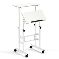 Topcobe Mobile Standing Desk Height-Adjustable Laptop Cart with Split Top and Hanging Hooks, Modern Furniture for Living Room, Bedroom-White