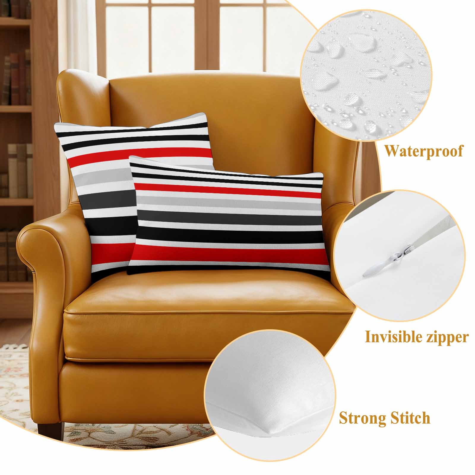 Red Black Stripe Outdoor Waterproof Pillow Covers, Modern Abstract Coarse Striped Decorative Square Throw Pillowcase Sofa Cushion Sham for Patio/Couch/Chair, 18"x18" 2 Pack