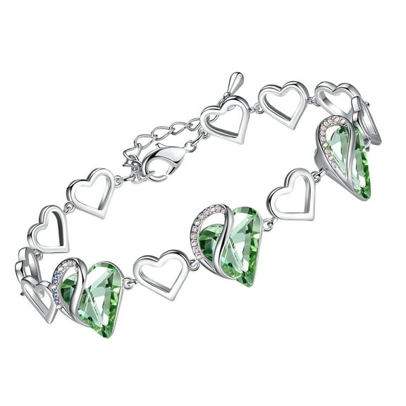 Leafael Infinity Love Heart Link Bracelets, August Birthstone Crystal Bracelet for Women, Silver Tone Jewelry Gifts for Her, Light Chrysolite Green, 7-inch Chain and 2-inch Extender